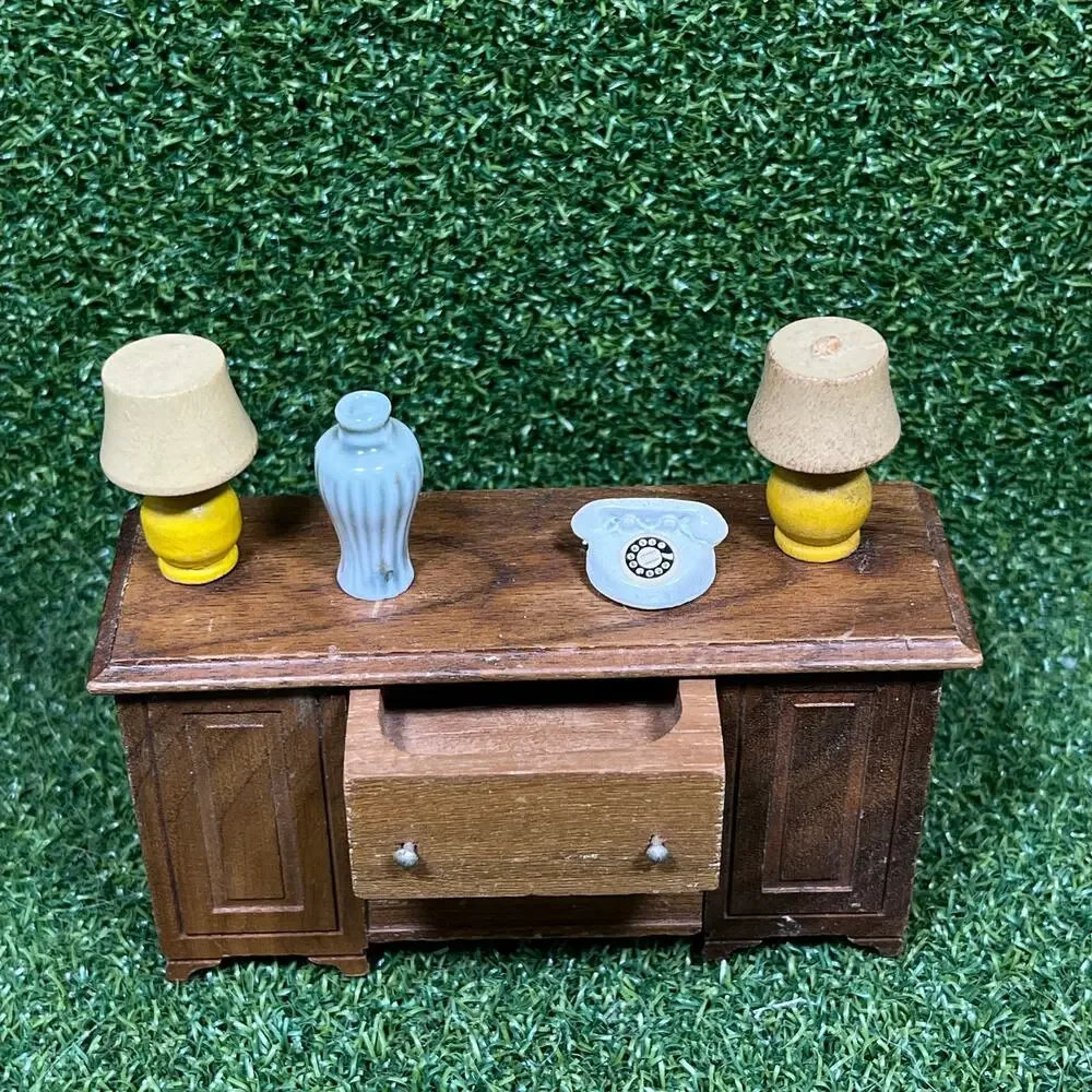 Vintage Miniature Wooden Dollhouse Buffet Dresser Lamp Vase